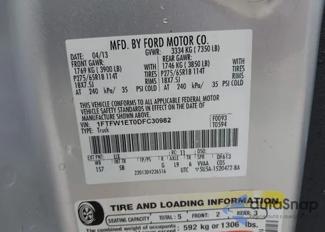 2013 Ford F-150 Fx4 from USA, damaged, VIN 1FTFW1ET0DFC30982